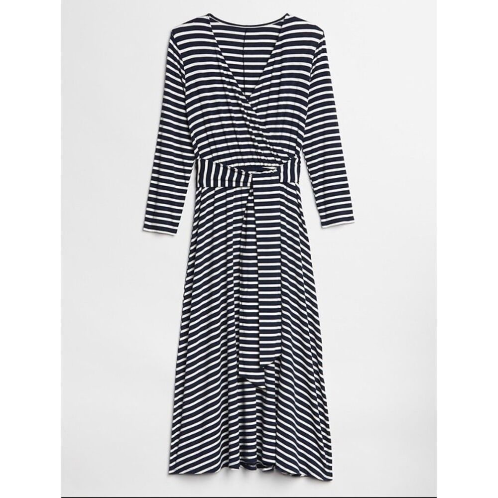 NWT GAP blue White Stripe Fit Flare Dress Womens Sz XS 3/4 Sleeve Tie Waist